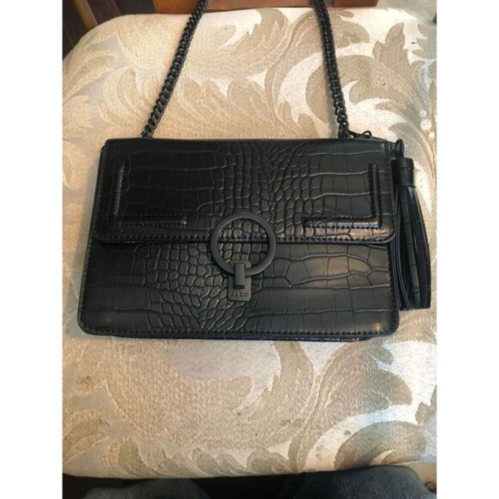 ALDO Black Croc Embossed Shoulder Bag with Chain & Tassel Charm Handbag Purse